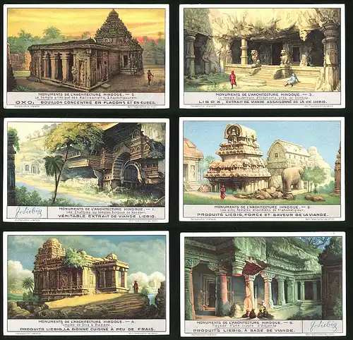 6 Sammelbilder Liebig, Serie Nr. 1243: Monuments de l`Architecture hindoue, Tempel, Bombay, Indien