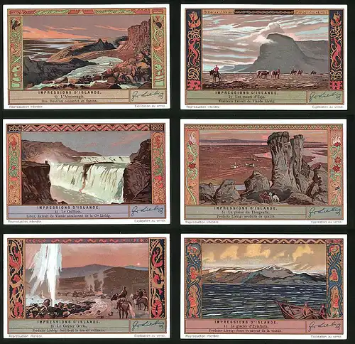 6 Sammelbilder Liebig, Serie Nr. 1295: Impressions d`Islande, Island, Almannagia, Gullfoss, Wasserfall, Geysir