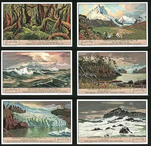 6 Sammelbilder Liebig, Serie Nr. 1324: Tableaux de la Terre de Feu, Gletscher, Urwald, Cap Horn
