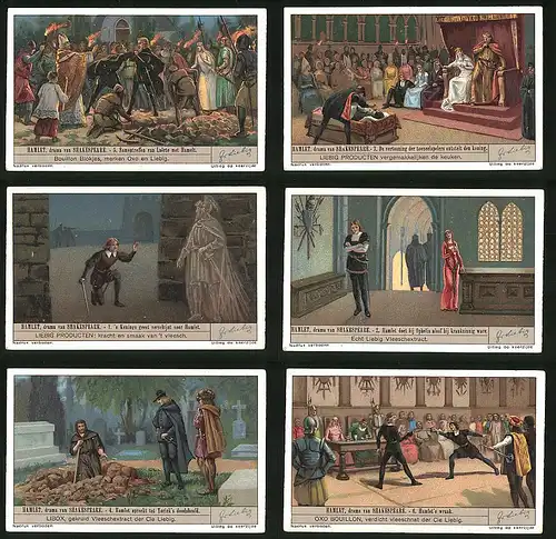 6 Sammelbilder Liebig, Serie Nr. 1327: Hamlet, drama van Shakespeare, Mittelalter, Fechten