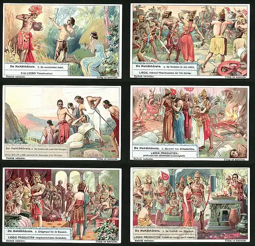6 Sammelbilder Liebig, Serie Nr. 1247: De Mahabharata, Indien, Altertum, Ganges