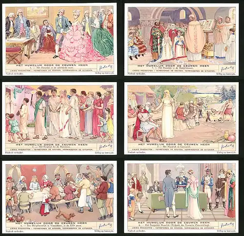6 Sammelbilder Liebig, Serie Nr. 1384: Het Huwelijk Door de Eeuwen heen, Germanen, Römer, Hochzeit