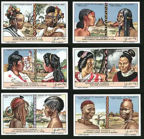 6 Sammelbilder Liebig, Serie Nr. 1340: Zonderlinge Kapsels, Japan, Sudan, Kamerun, Somalia