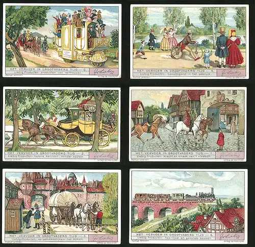 6 Sammelbilder Liebig, Serie Nr. 1312: Het Vervoer in Grootvaders Tijd, Eisenbahn, Kutsche, Laufrad