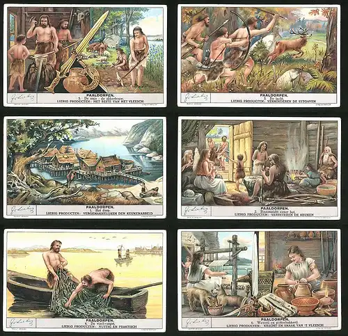 6 Sammelbilder Liebig, Serie Nr. 1410: Paaldorpen, Frühzeit, Jagd, Handwerk