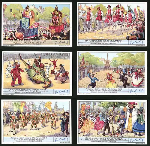 6 Sammelbilder Liebig, Serie Nr. 1440: Réjouissances Populaires, Volksfest, Parade, Stelzen