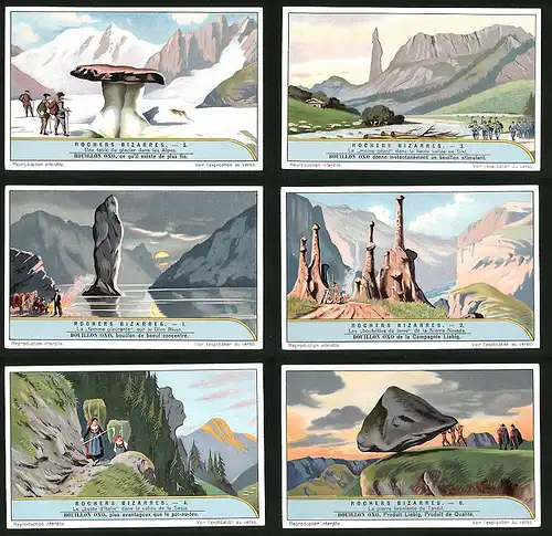 6 Sammelbilder Liebig, Serie Nr. 1253: Rochers bizarres, Gletscher, Sierra Nevada, Italien, Berge, Felsen