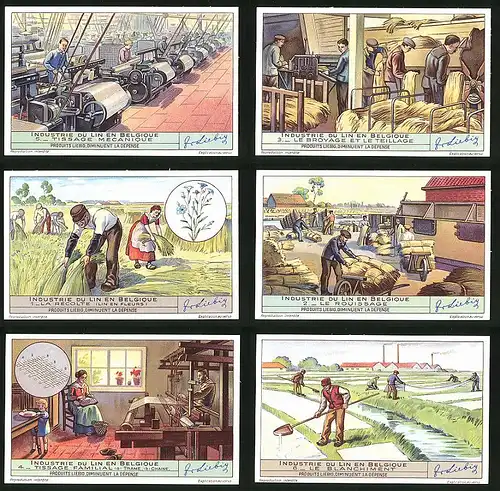 6 Sammelbilder Liebig, Serie Nr. 1401: Industrie du Lin en Belgique, Webstuhl, Landwirtschaft, Fabrik