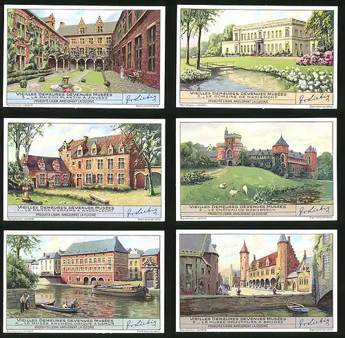 6 Sammelbilder Liebig, Serie Nr. 1409: Vielles Demeures devenues Musées, Schloss, Villa, Namur, Bruges