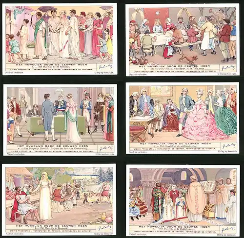6 Sammelbilder Liebig, Serie Nr. 1384: Het Huwelijk Door de Eeuwen Heen, Rom, Germanen, Hochzeit, Mittelalter