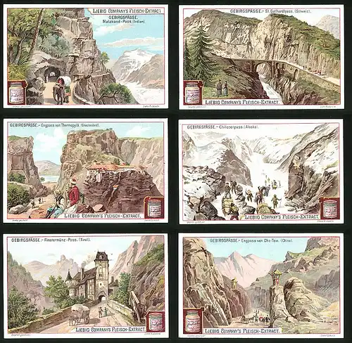 6 Sammelbilder Liebig, Serie Nr. 678: Gebirgspässe, Schweiz, Tirol, Griechenland, China, Alaska