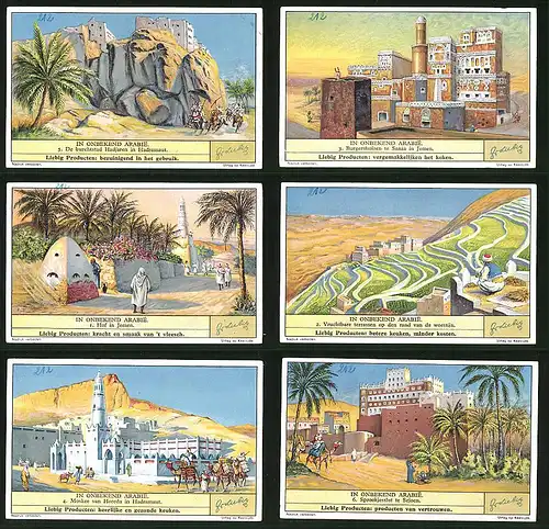 6 Sammelbilder Liebig, Serie Nr. 1307: In Onbekend Arabie, Kamel, Wüste, Moskee, Jemen, Burg