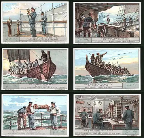 6 Sammelbilder Liebig, Serie Nr. 1781: Plaatsbepaling op Zee, Radio, Vögel, Boot, Mannschaft, Schiff, Schilder