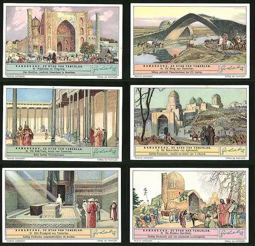 6 Sammelbilder Liebig, Serie Nr. 1302: Samarkand, de Stadt van Tamerlan, Moskee, Grabstätte, Brücke, Pferde