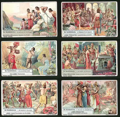 6 Sammelbilder Liebig, Serie Nr. 1247: De Mahâbhârata, De broeders in den strijd, De bruiloft van Draupadi