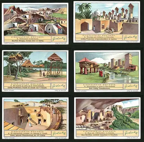 6 Sammelbilder Liebig, Serie Nr. 1348: Eigenaardige Woningen, Colorado, Tunesie, Celebes-Eilanden, Hyderabad