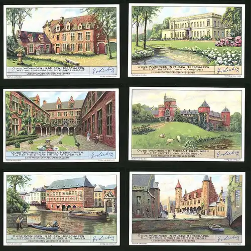 6 Sammelbilder Liebig, Serie Nr. 1409: Oude Woningen in Musea Herschapen, Het huis gruuthuse te Brugge, Gaesbeeck