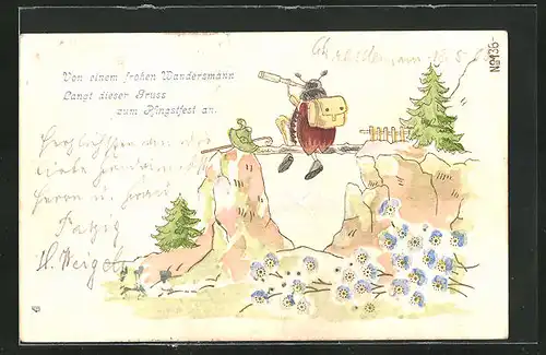 Präge-Lithographie Maikäfer-Wanderer blickt durch Fernrohr