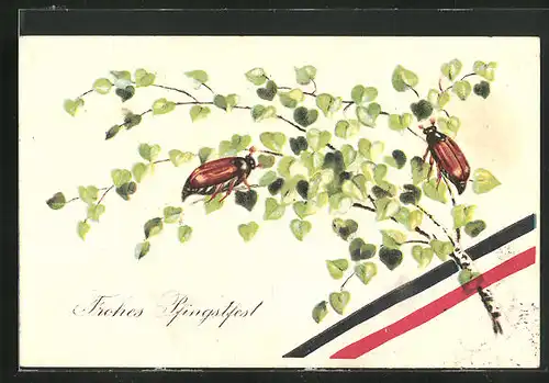 AK Zwei Maikäfer auf Zweigen, Fahnenband, Pfingstgruss