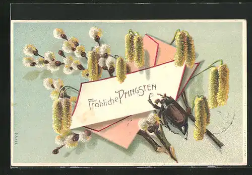Präge-AK Maikäfer an einem Kuvert mit Zweigen, Pfingstgruss