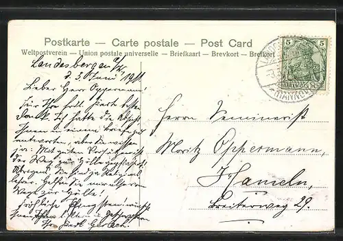 Präge-AK Maikäfer und Marienkäfer an einem Zweig, Pfingstgruss