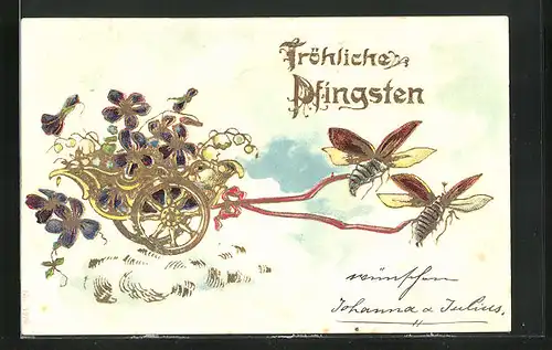 Präge-AK Zwei Maikäfer ziehen einen Blumenwagen, Pfingstgruss