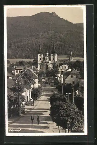 AK Haindorf / Hejnice, Strassenpartie mit Blick zur Kirche