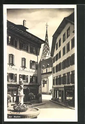 AK Baden, Gasthaus zum Rathauskeller und Kirchturm