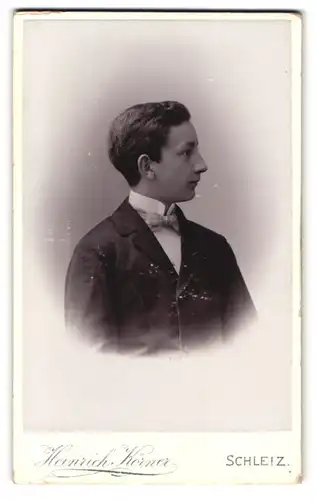 Fotografie Heinrich Körner, Schleiz, Poststr. 16, Portrait junger Knabe im Anzug mit Fliege, seitliches Profil