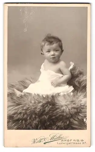 Fotografie Wilh. Müller, Hof a. S., Ludwigstr. 27, Portrait Kleinkind im weissen Leibchen sitzt auf einem Fell