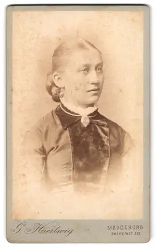 Fotografie G. Haertwig, Magdeburg, Breite Weg 213, Portrait Dame im Biedermeierkleid mit Brosche