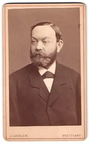 Fotografie J.Gaugler, Stuttgart, Calwerstr. 58, Portrait Mann im Anzug mit Fliege und Vollbart
