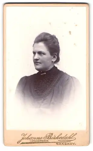 Fotografie Johanne Birkendahl, Nakskov, Söndergade 32, Portrait Dame im Biedermeierkleid mit Hochsteckfrisur