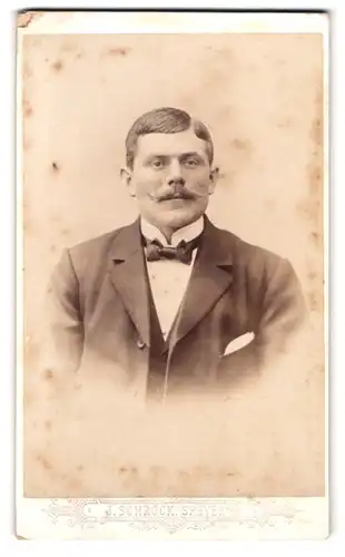 Fotografie J. Schröck, Speyer a. Rh., Mühlthurmstr. 10, Portrait Herr im Anzug mit Fliege und Moustache