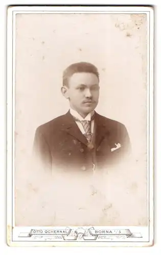 Fotografie Otto Ochernal, Borna i. S., Lobstädterstrasse, Junger Mann im Anzug mit weissen Einstecktuch