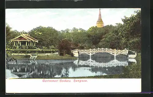 AK Rangoon, Cantonment Gardens, Park mit Brücke und Pagode