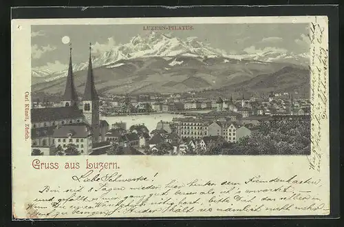Mondschein-Lithographie Luzern-Pilatus, Teilansicht der Stadt in einer Vollmondnacht