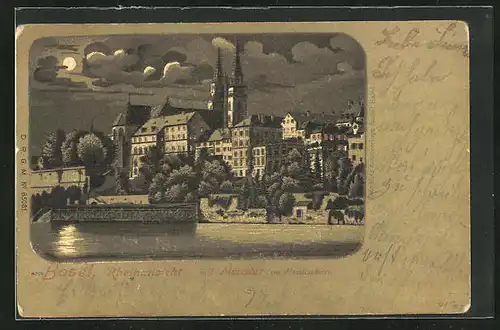 Mondschein-Lithographie Basel, Teilansicht mit Münster im Mondschein