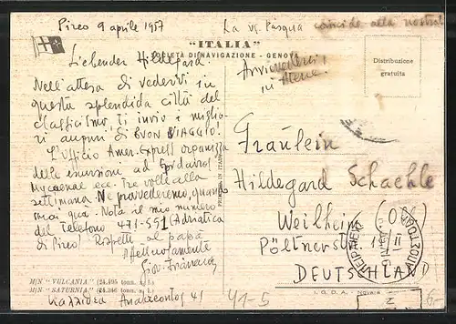 AK Passagierschiffe M. N. Vulcania und M. N. Saturnia auf hoher See