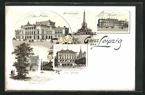 Lithographie Leipzig, Cafe Felsche, Mendebrunnen, Neues Theater