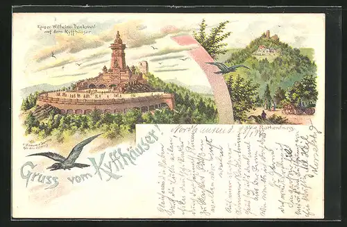 Lithographie Bad Frankenhausen, Kaiser Wilhelm-Denkmal auf dem Kyffhäuser, Rothenburg