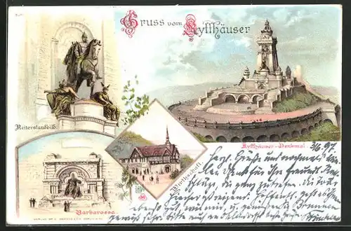 Lithographie Bad Frankenhausen, Kyffhäuser-Denkmal, Barbarossa, Gasthaus