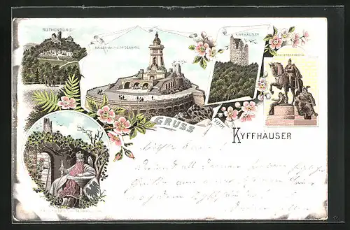 Lithographie Bad Frankenhausen, Kaiser Wilhelm-Denkmal, Kyffhäuser, Rothenburg