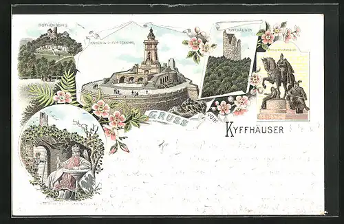 Lithographie Bad Frankenhausen, Kaiser Wilhelm-Denkmal, Kyffhäuser, Rothenburg