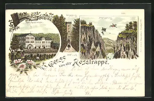 Vorläufer-Lithographie Thale, 1894, Hotel zur Rosstrappe, Winzenburg, Hexensprung