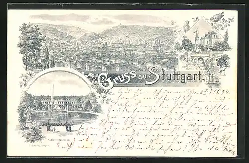 Lithographie Stuttgart, K. Residenzschloss, Eugensbrunnen, Totalansicht