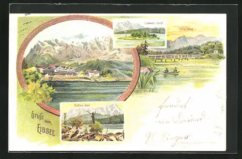 Lithographie Eibsee, Frillen-See, Felix-Steg, Ludwigs-Insel