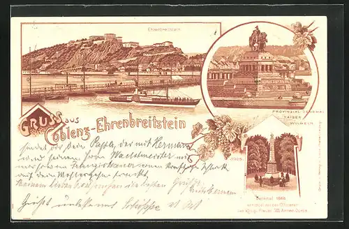 Lithographie Coblenz, Ehrenbreitstein, Provinzial-Denkmal Kaiser Wilhelm