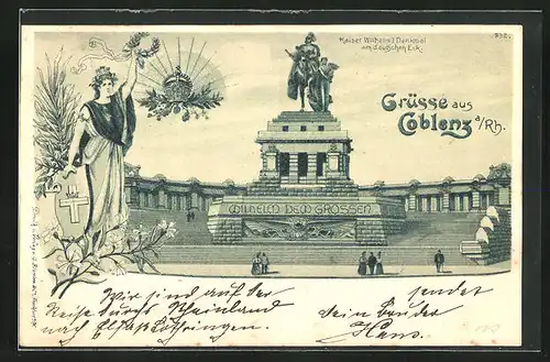 Lithographie Coblenz /Rhein, Kaiser Wilhelm I. Denkmal am deutschen Eck