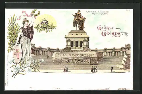 Lithographie Coblenz /Rhein, Kaiser Wilhelm I Denkmal am deutschen Eck